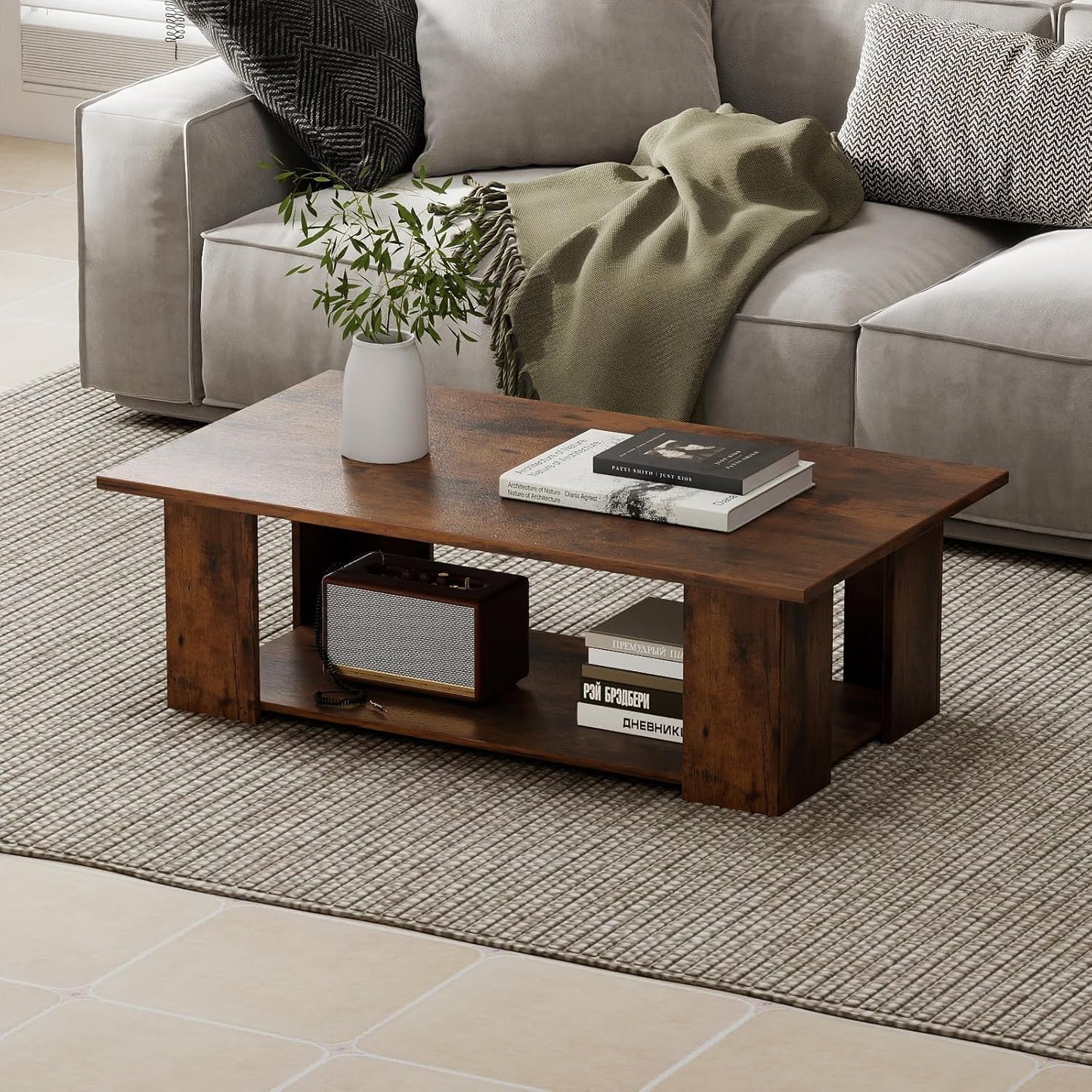 Giantex Rectangle Wood Center Table, 41" L 2-Tier Small Modern Tea Table w/Open Compartment, Easy Assembly, Accent Coffee Table for Living Room, Reception Room, White