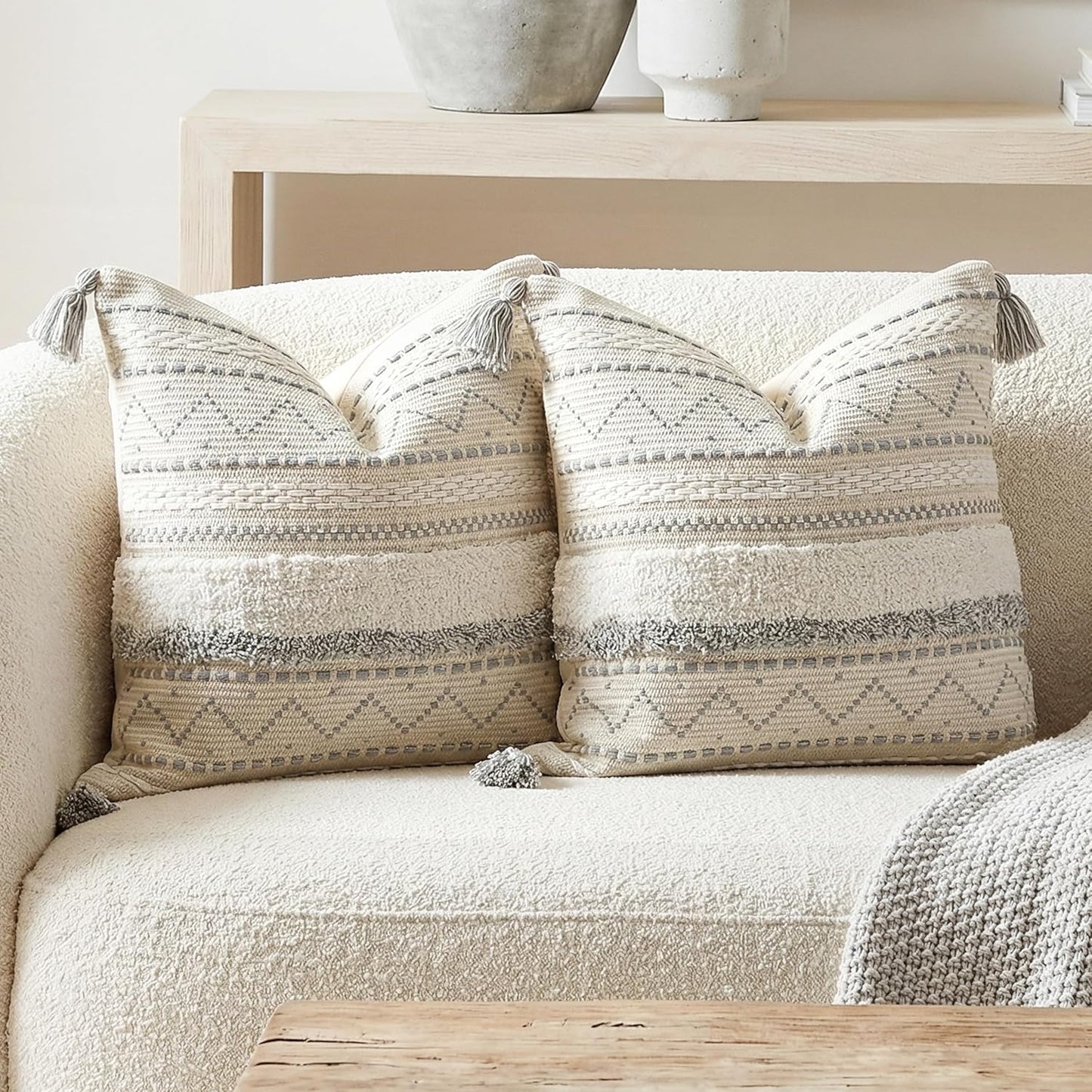 BlissBlush 14x36 Lumbar Pillow Cover for Bed, Rectangular Long Decorative Throw Pillowcase, Boho Accent Cushion with Tufted Pattern and Tassels, Cream Beige Neutral (Cover Only)