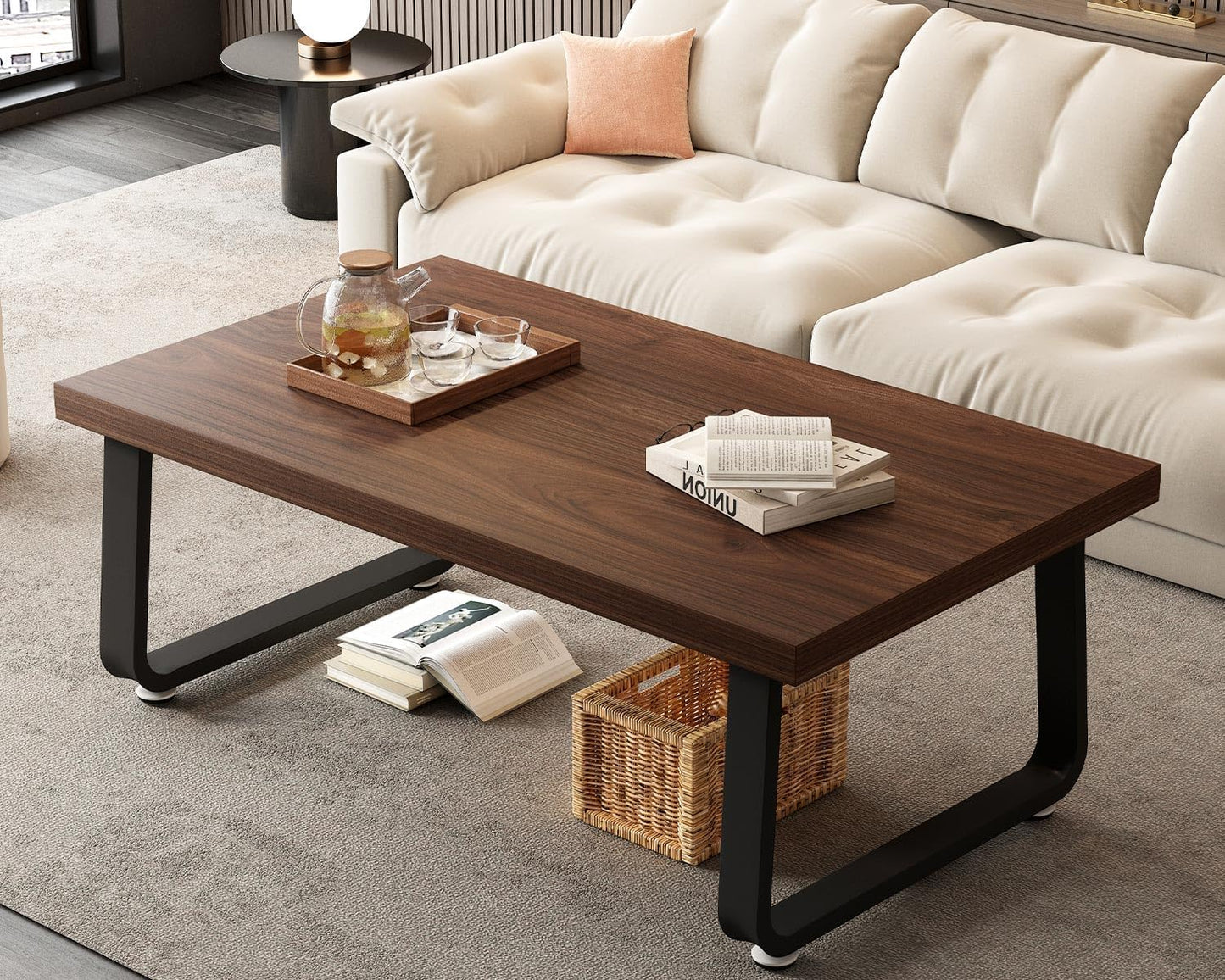 HSH Rustic Walnut Coffee Table, Modern Center Table, Rectangle Industrial Living Room Coffee Table, Simple Farmhouse Wood and Metal Tea Table for Home Bedroom Office, Walnut, 47 in
