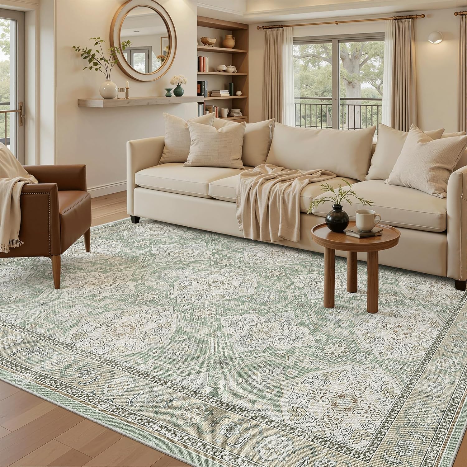 Soalmost Washable Area Rug 8x10, Large Soft Rugs for Living Room Vintage Beige Carpet 8x10 Area Rugs for Bedroom Dining Room Non-Slip Stain Resistant Under Table Rug
