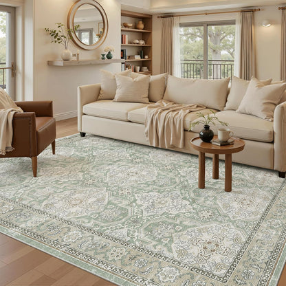 Soalmost Washable Area Rug 8x10, Large Soft Rugs for Living Room Vintage Beige Carpet 8x10 Area Rugs for Bedroom Dining Room Non-Slip Stain Resistant Under Table Rug