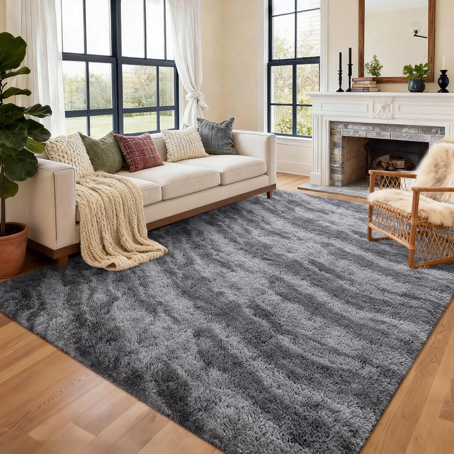6x9 Ft Large Shag Rugs for Living Room, Tie-Dyed Ultra Soft Fluffy Furry Area Rugs for Bedroom Indoor Floor, Aesthetic Carpet for Kids Home Decor (Dark Grey)