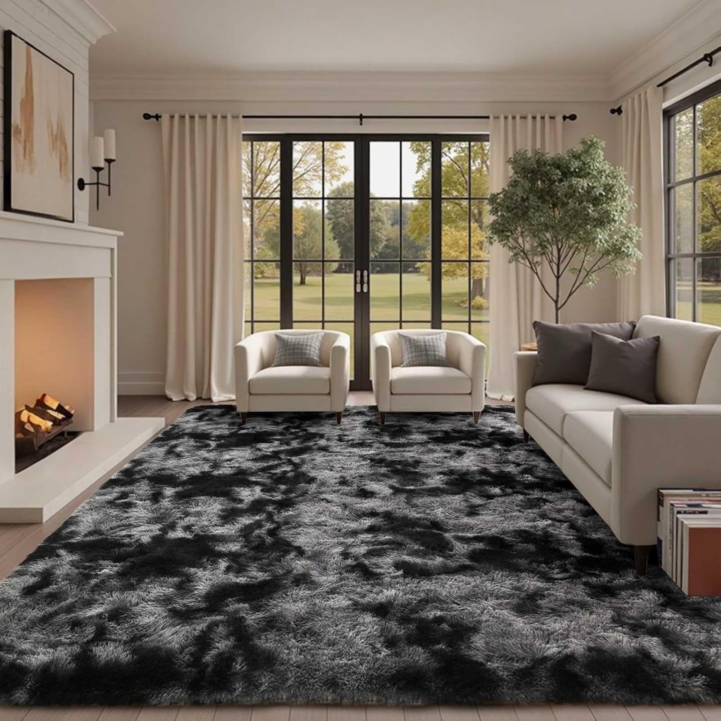 6x9 Ft Large Shag Rugs for Living Room, Tie-Dyed Ultra Soft Fluffy Furry Area Rugs for Bedroom Indoor Floor, Aesthetic Carpet for Kids Home Decor (Dark Grey)