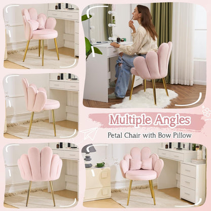 Makeup Vanity Chair with Back,Flower Cute Girls Desk Chair Comfy No Wheels,Modern Dining Chair,Small Accent Chair with Adustable Gold Legs&Bow Pillow for Home Office,Bedroom,Velvet,Pink