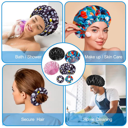 Shower Cap for Women Set of 4, Bath Caps, Double Layers Hair Caps + 2 Satin Hair Scrunchies, Reusable Waterproof Shower Caps, Elastic Hair Cap for Shower - Pattern A