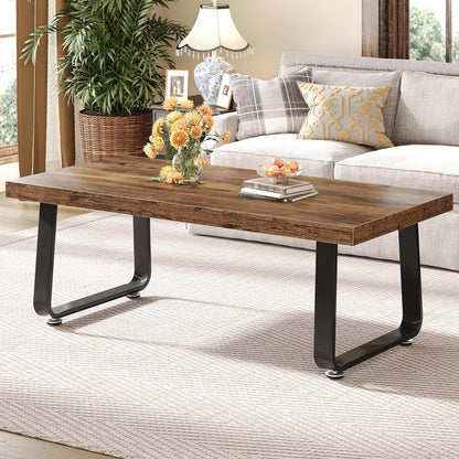 HSH Rustic Walnut Coffee Table, Modern Center Table, Rectangle Industrial Living Room Coffee Table, Simple Farmhouse Wood and Metal Tea Table for Home Bedroom Office, Walnut, 47 in