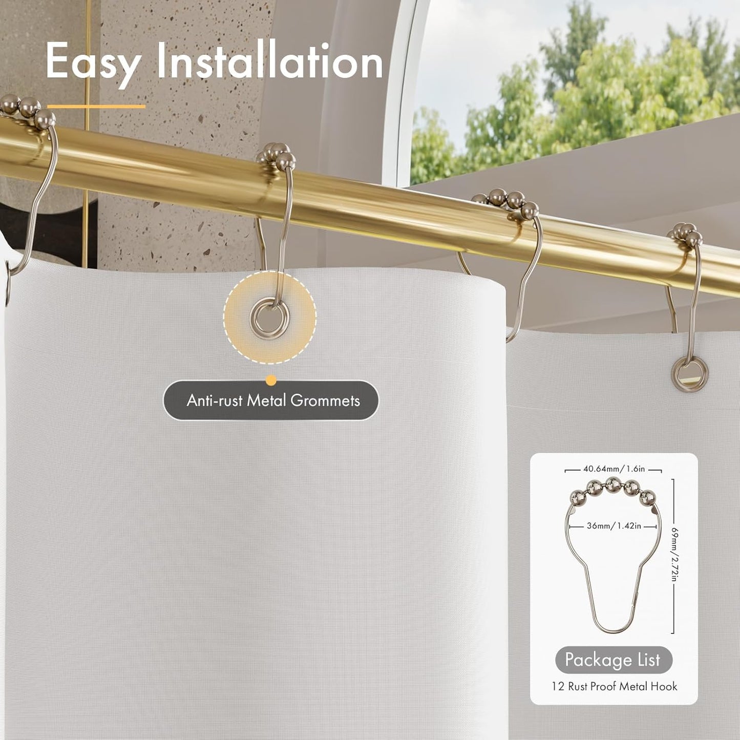 Ruffle Shower Curtain with Three-Side Ruffle, Solid White Farmhouse Curtains, Soft Flowy Layered Fabric, Elegant Spa Style, Clean Minimal Look, Water Repellent,12 Metal Hooks, 72" W x 72" L