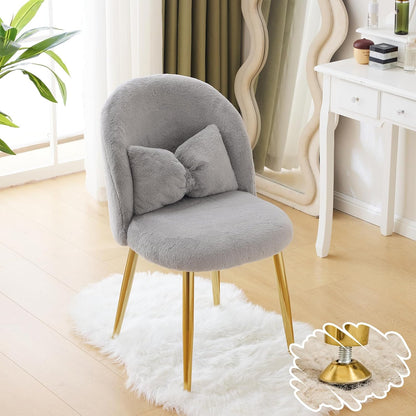 Makeup Vanity Chair with Back,Flower Cute Girls Desk Chair Comfy No Wheels,Modern Dining Chair,Small Accent Chair with Adustable Gold Legs&Bow Pillow for Home Office,Bedroom,Velvet,Pink