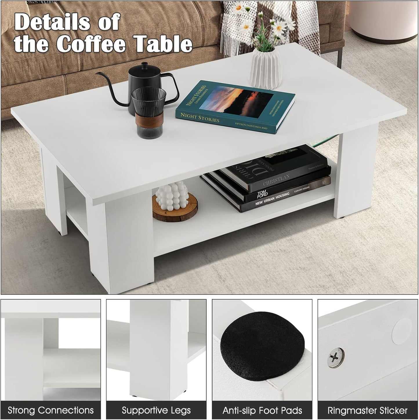 Giantex Rectangle Wood Center Table, 41" L 2-Tier Small Modern Tea Table w/Open Compartment, Easy Assembly, Accent Coffee Table for Living Room, Reception Room, White