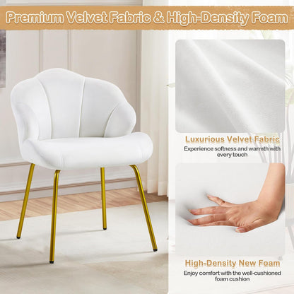 Vanity Chair, Velvet Accent Chair with Shell-Shaped Backrest, Modern Armchair with Gold Metal Legs for Dressing Room/Bedroom/Living Room, White