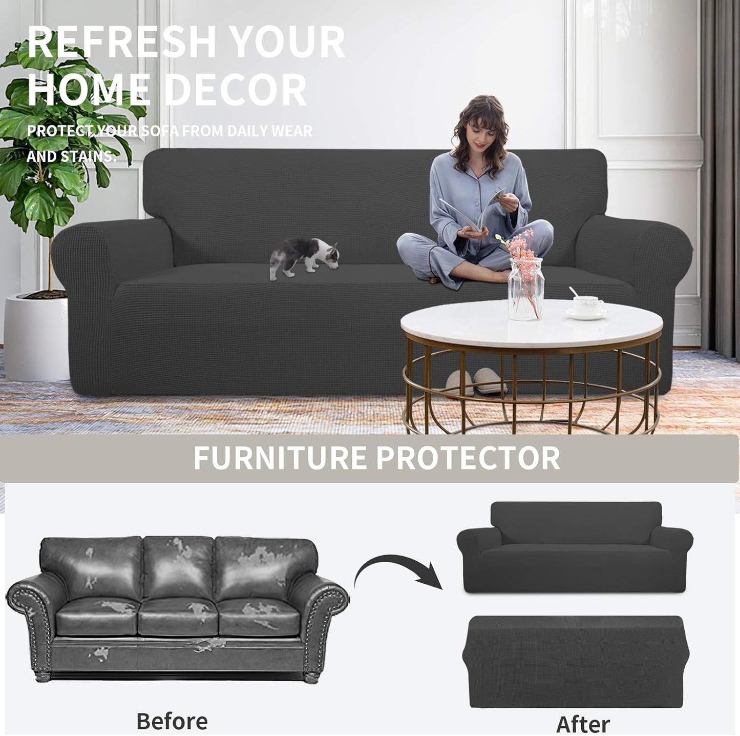 Stretch Sofa Slipcover 1-Piece Sofa Cover Furniture Protector Couch Soft with Elastic Bottom for Kids, Polyester Spandex Jacquard Fabric Small Checks (Sofa, Dark Gray)