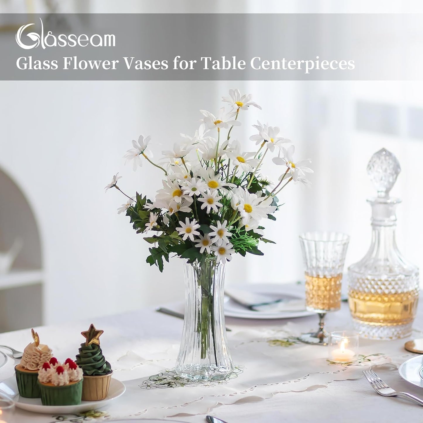 Glass Vase for Home Decor: Clear Flower Vases for Living Room Kitchen Bathroom Wedding Table Centerpieces - 7.5" Tall Modern Vintage Decorations for Bouquet Pampas Grass Lego Flowers