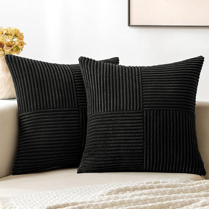 Black Decorative Throw Pillow Covers 18x18 Inch for Couch Bed Sofa Pack of 2 Boho Farmhouse Throw Pillows Soft Cross Corduroy Patchwork Textured Cushion Cases