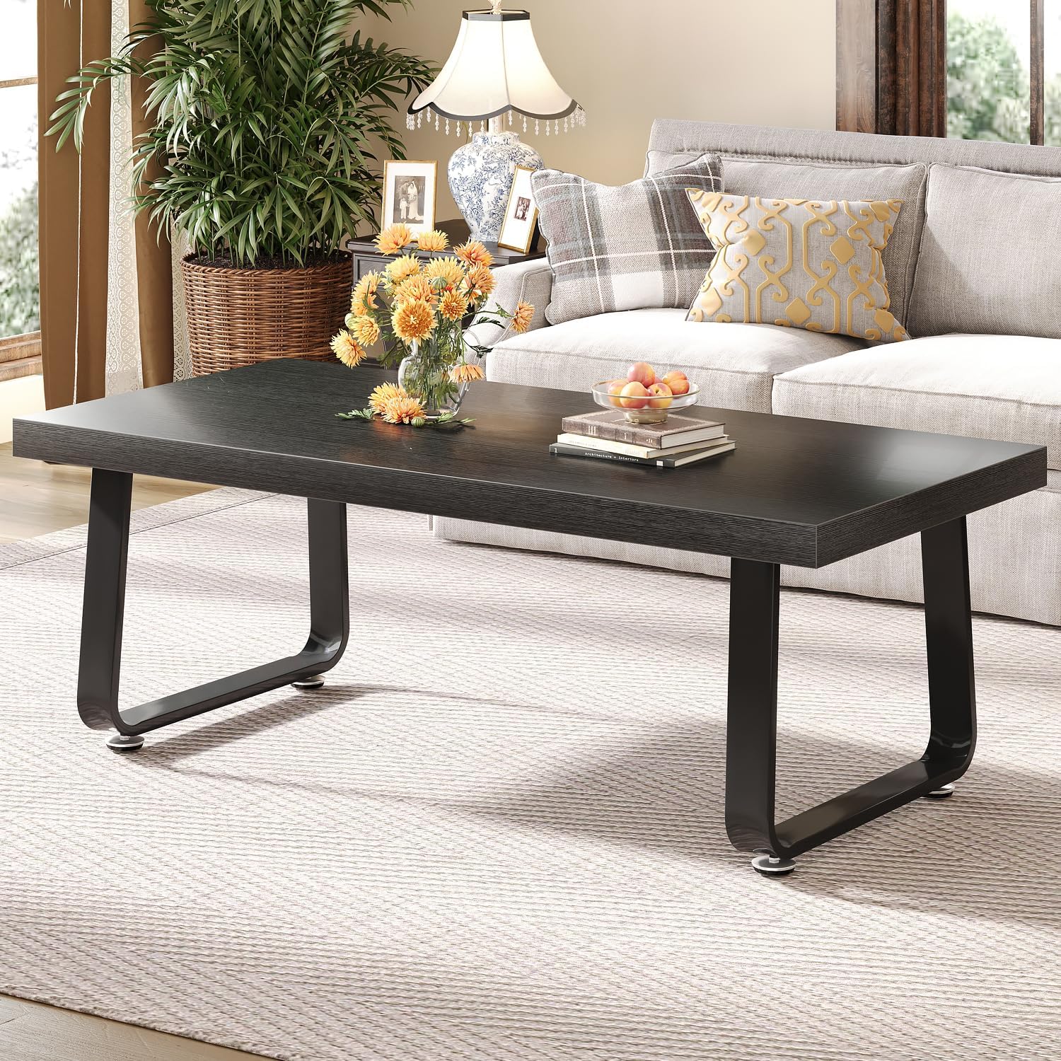 HSH Rustic Walnut Coffee Table, Modern Center Table, Rectangle Industrial Living Room Coffee Table, Simple Farmhouse Wood and Metal Tea Table for Home Bedroom Office, Walnut, 47 in