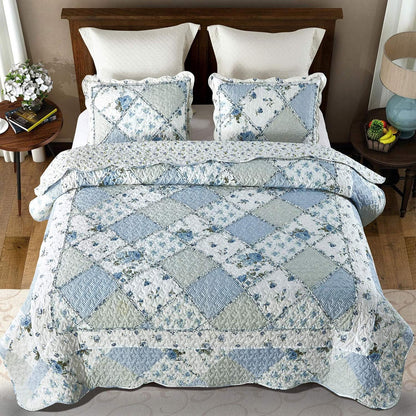Blue Floral Patchwork Quilt Set, Full Queen Size, 3 Piece Bedding Set with 2 Pillowcases | Blue Patchwork Quilt, Queen Size Bedspread, Reversible Quilt Set, Floral Quilt Set, Patchwork Quilt Set, Queen Comforter Set