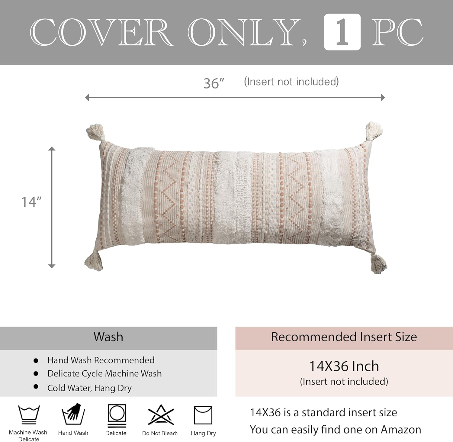 BlissBlush 14x36 Lumbar Pillow Cover for Bed, Rectangular Long Decorative Throw Pillowcase, Boho Accent Cushion with Tufted Pattern and Tassels, Cream Beige Neutral (Cover Only)