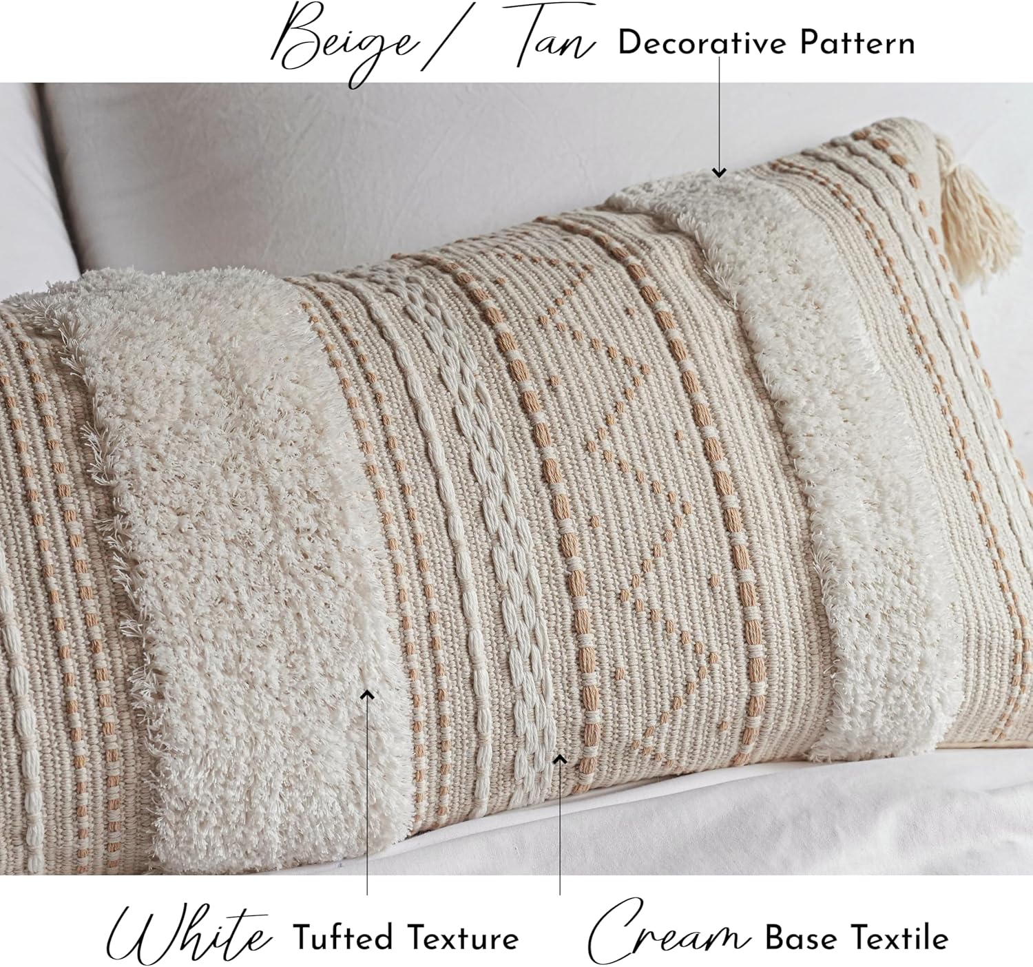 BlissBlush 14x36 Lumbar Pillow Cover for Bed, Rectangular Long Decorative Throw Pillowcase, Boho Accent Cushion with Tufted Pattern and Tassels, Cream Beige Neutral (Cover Only)