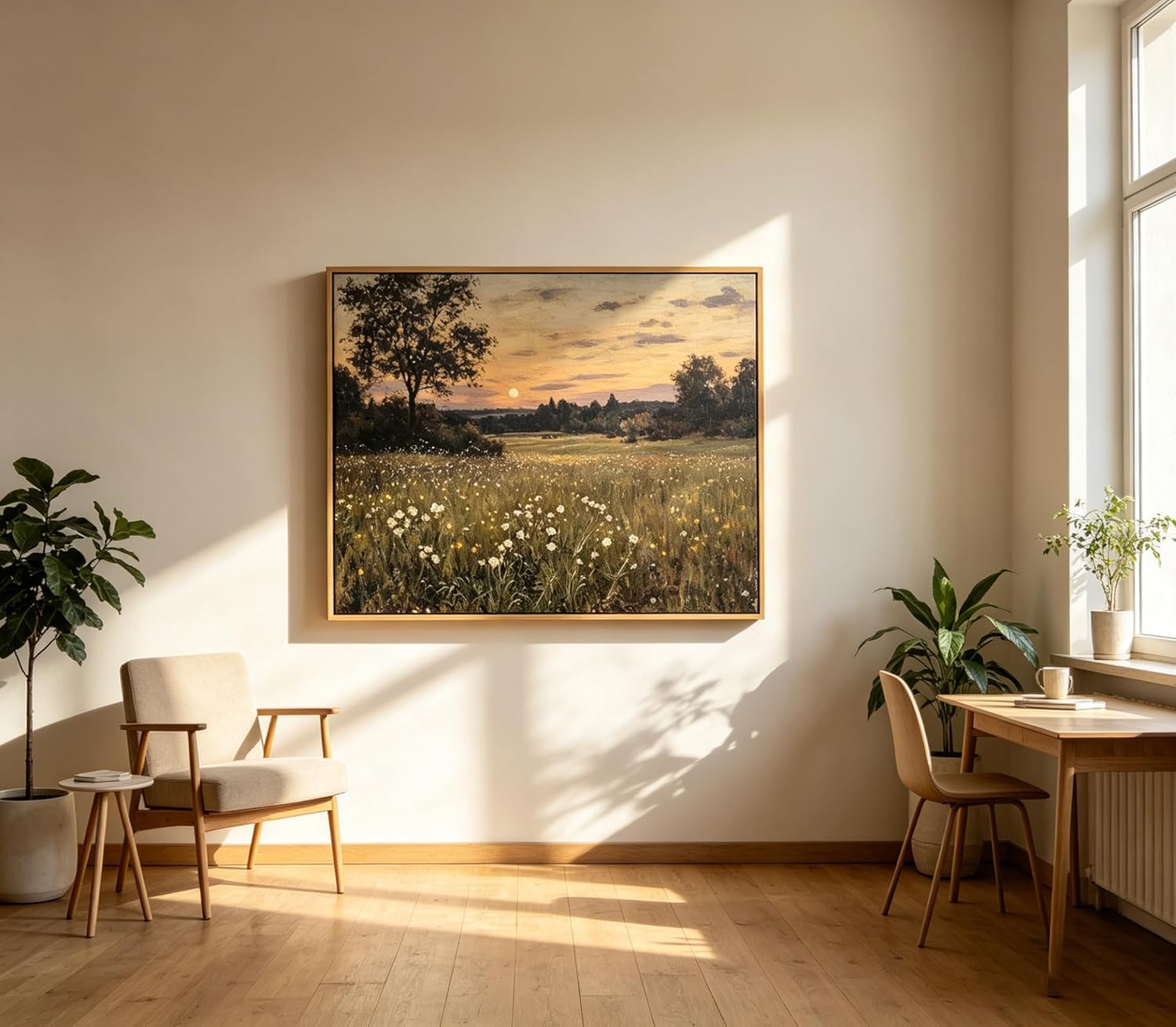 Framed Rustic Farmhouse Wildflowers Wall Art Vintage Wildflower Field Landscape Painting Retro Country Sunset Prints Wall Decor Classical Flower Landscape Painting for Living Room Bedroom 12x16 Inch