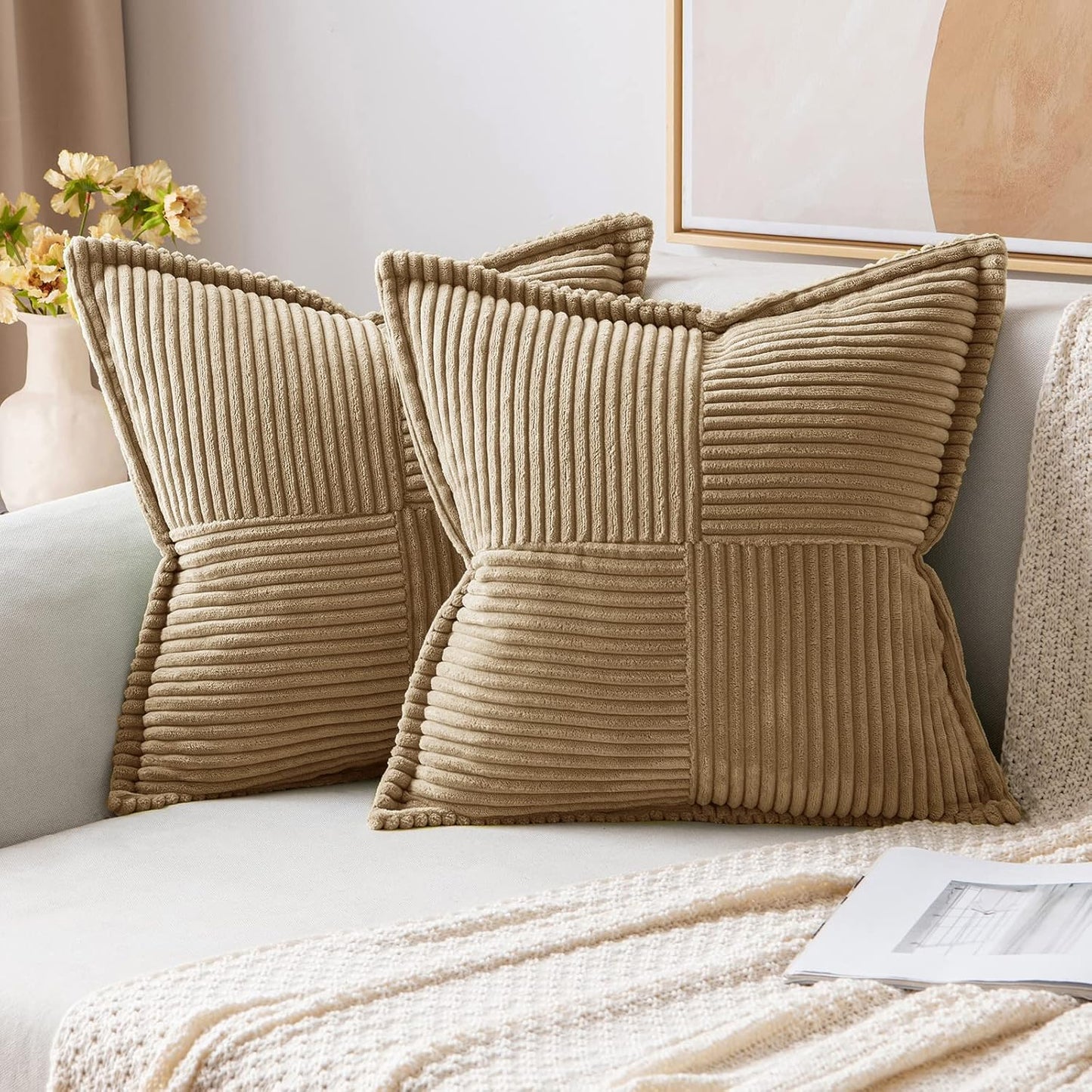 MIULEE Decorative Throw Pillow Covers for Couch Bed Livingroom 18x18 Inch Set of 2 Beige Boho Accent Throw Pllows Broadside Striped Patchwork Soft Corduroy Pillowcases