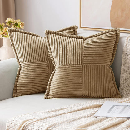MIULEE Decorative Throw Pillow Covers for Couch Bed Livingroom 18x18 Inch Set of 2 Beige Boho Accent Throw Pllows Broadside Striped Patchwork Soft Corduroy Pillowcases
