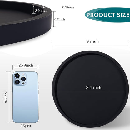 Silicone Bathroom Tray Round Vanity Tray Decorative Soap Holder Kitchen Countertop Organizer Coffee Table Decor for Candle, Perfume, Plant, 9 Inch, Black