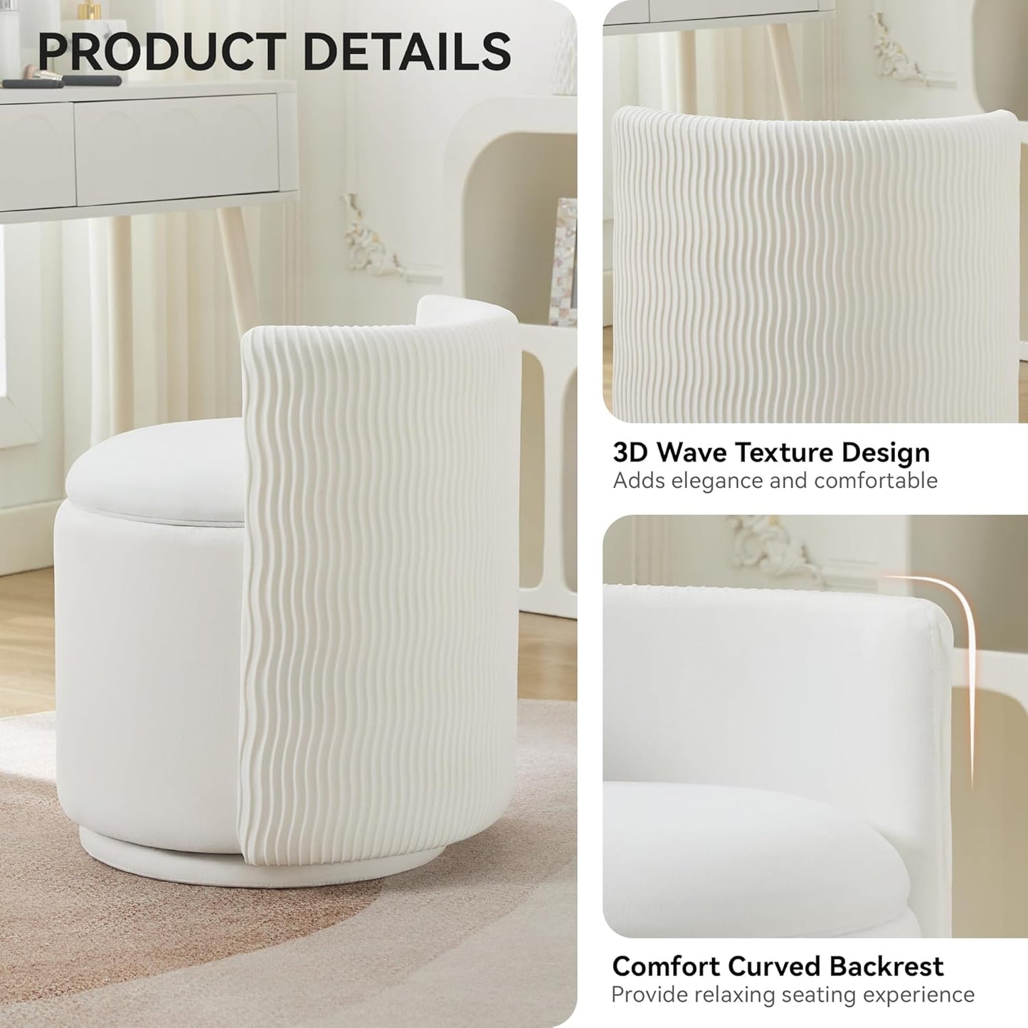 Velvet Vanity Chair with Storage, 360° Swivel Makeup Chair with Wave Back, No Assembly Small Accent Stool for Bedroom, Dressing, Living Room, White