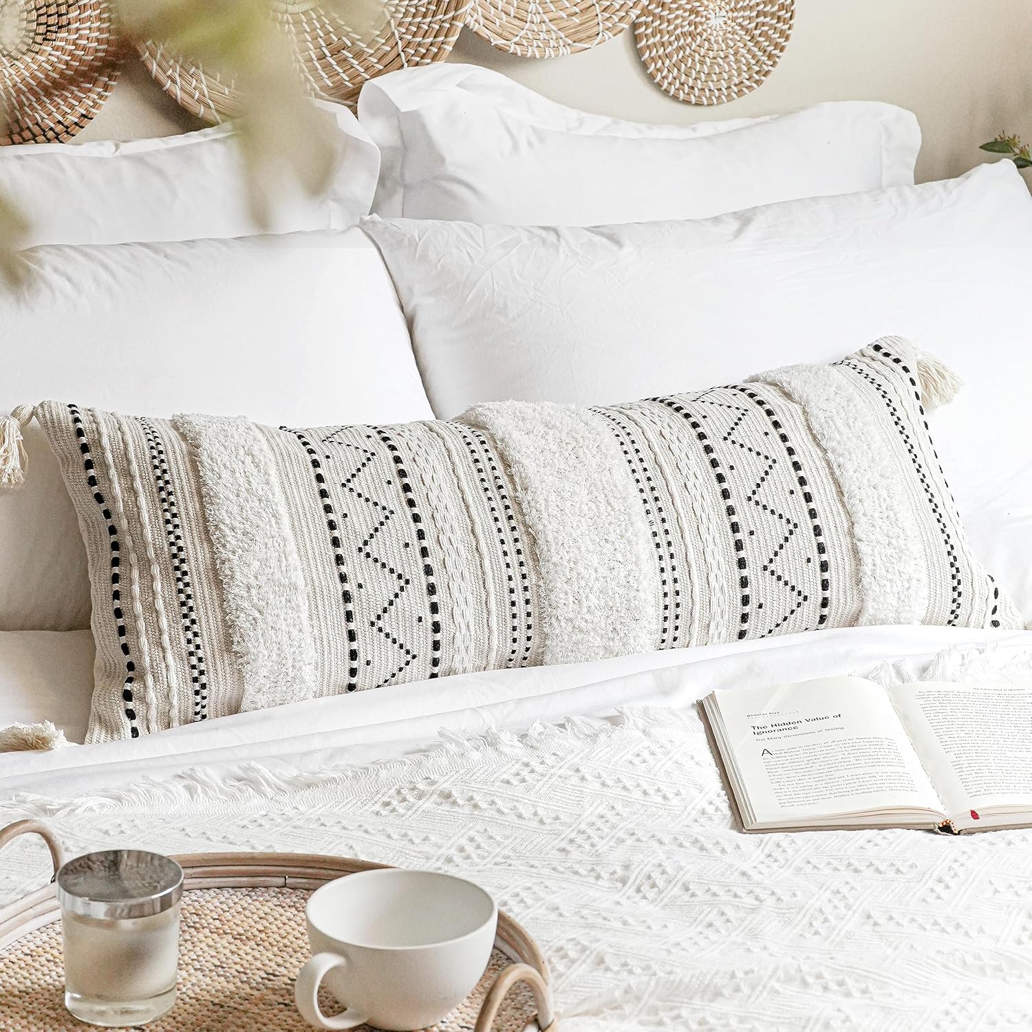 BlissBlush 14x36 Lumbar Pillow Cover for Bed, Rectangular Long Decorative Throw Pillowcase, Boho Accent Cushion with Tufted Pattern and Tassels, Cream Beige Neutral (Cover Only)