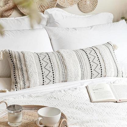 BlissBlush 14x36 Lumbar Pillow Cover for Bed, Rectangular Long Decorative Throw Pillowcase, Boho Accent Cushion with Tufted Pattern and Tassels, Cream Beige Neutral (Cover Only)