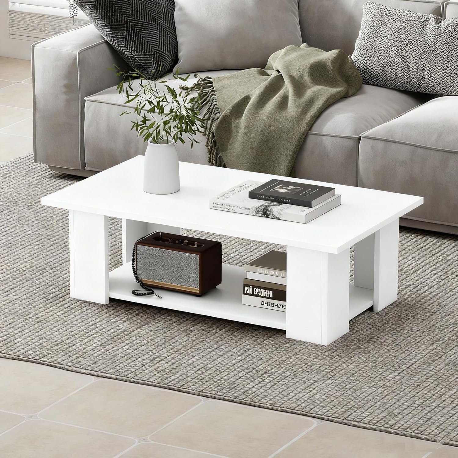 Giantex Rectangle Wood Center Table, 41" L 2-Tier Small Modern Tea Table w/Open Compartment, Easy Assembly, Accent Coffee Table for Living Room, Reception Room, White