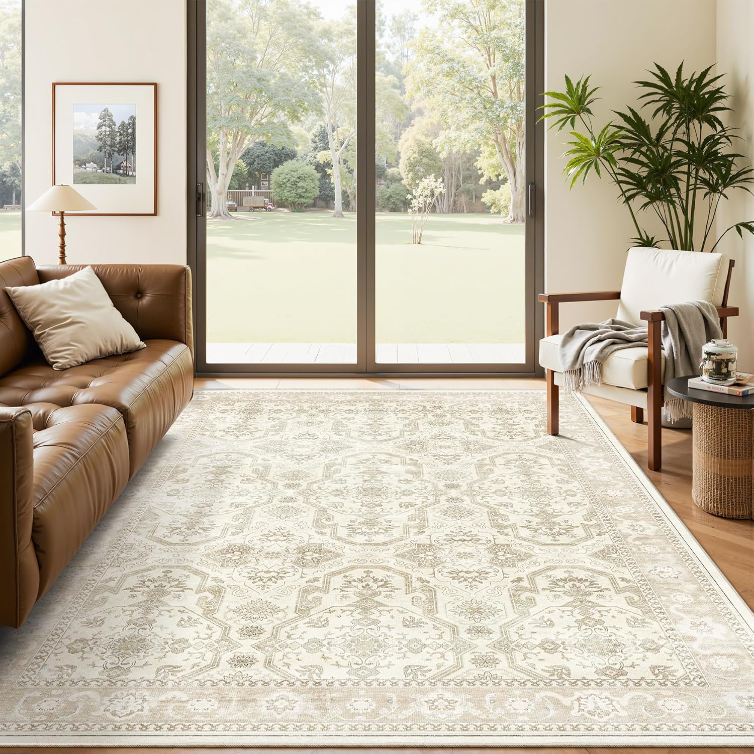 Soalmost Washable Area Rug 8x10, Large Soft Rugs for Living Room Vintage Beige Carpet 8x10 Area Rugs for Bedroom Dining Room Non-Slip Stain Resistant Under Table Rug