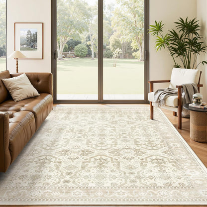 Soalmost Washable Area Rug 8x10, Large Soft Rugs for Living Room Vintage Beige Carpet 8x10 Area Rugs for Bedroom Dining Room Non-Slip Stain Resistant Under Table Rug