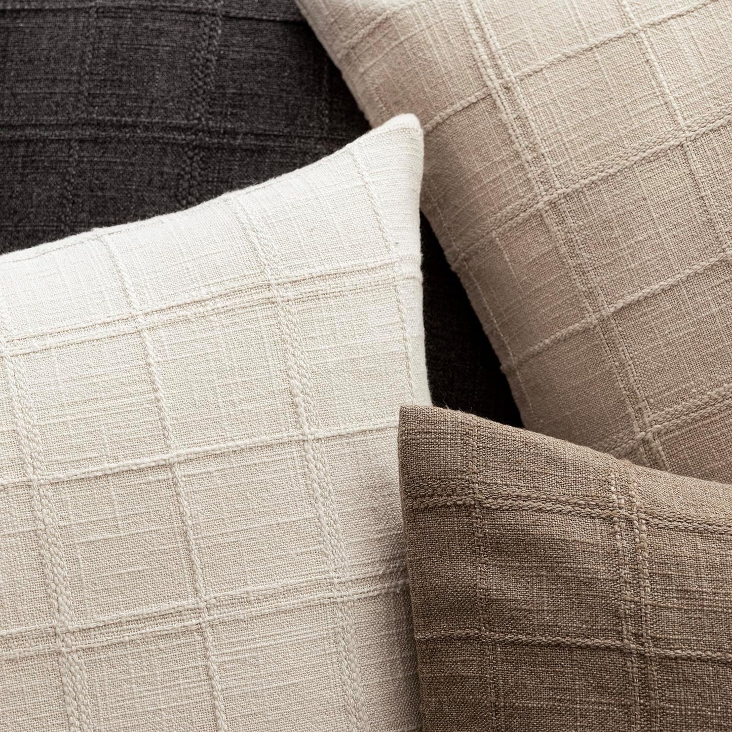 Foindtower Set of 2 Decorative Linen Check Throw Pillow Covers Neutral Farmhouse Vintage Cushion Covers Modern Boho Home Decor for Sofa Chair Couch Bedroom Living Room,18×18 Inch,Natural Beige