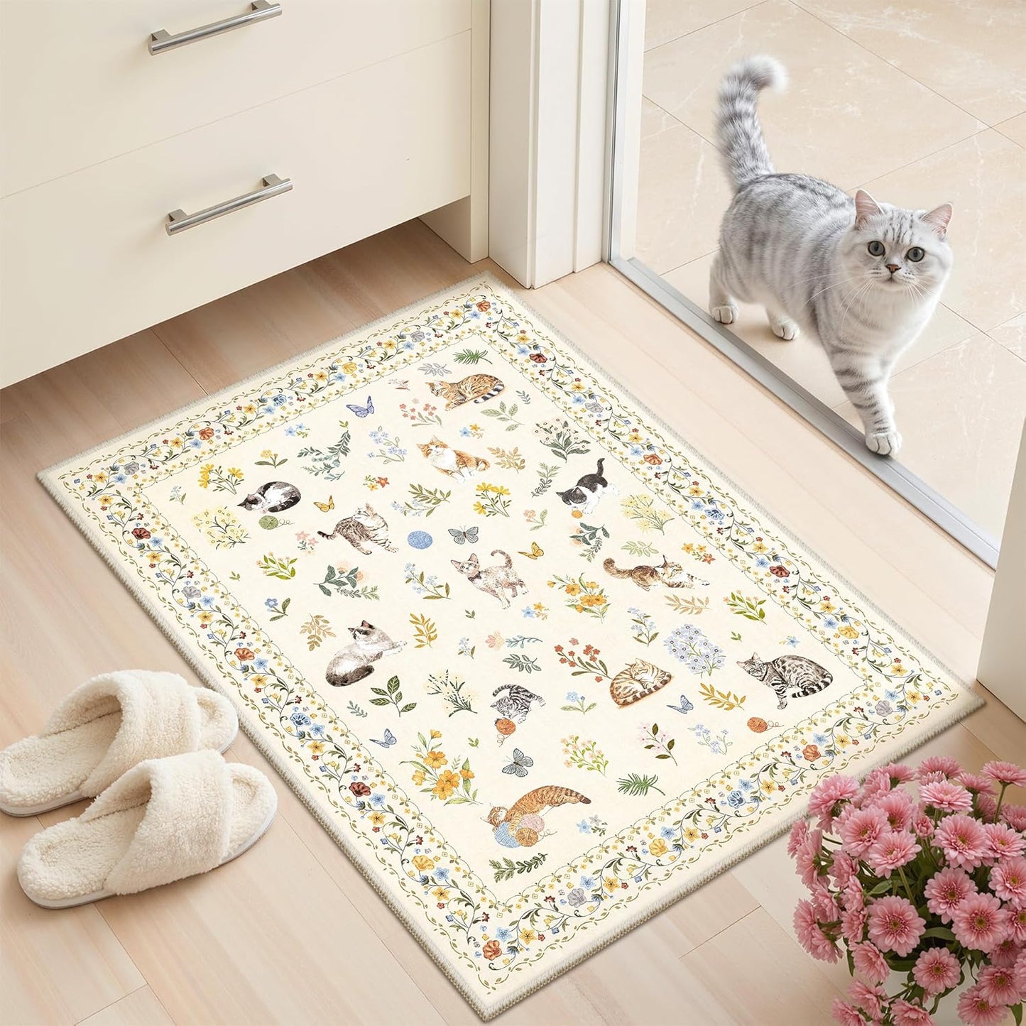 Soalmost Washable Area Rug 8x10, Large Soft Rugs for Living Room Vintage Beige Carpet 8x10 Area Rugs for Bedroom Dining Room Non-Slip Stain Resistant Under Table Rug