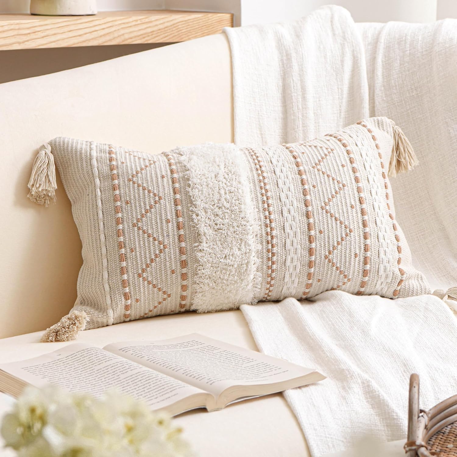 BlissBlush 14x36 Lumbar Pillow Cover for Bed, Rectangular Long Decorative Throw Pillowcase, Boho Accent Cushion with Tufted Pattern and Tassels, Cream Beige Neutral (Cover Only)