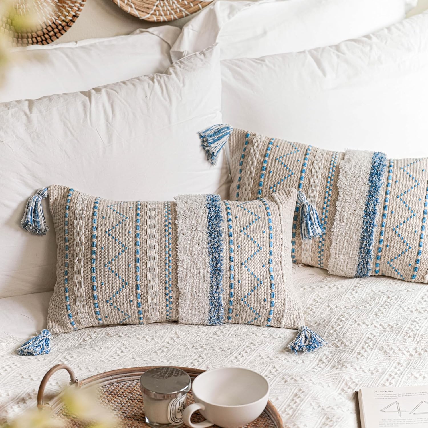 BlissBlush 14x36 Lumbar Pillow Cover for Bed, Rectangular Long Decorative Throw Pillowcase, Boho Accent Cushion with Tufted Pattern and Tassels, Cream Beige Neutral (Cover Only)