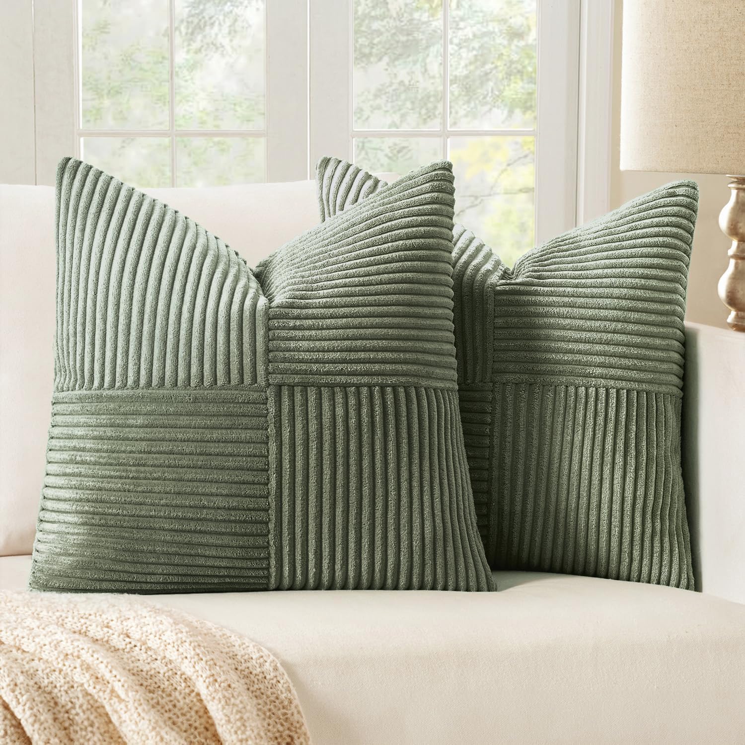 Black Decorative Throw Pillow Covers 18x18 Inch for Couch Bed Sofa Pack of 2 Boho Farmhouse Throw Pillows Soft Cross Corduroy Patchwork Textured Cushion Cases