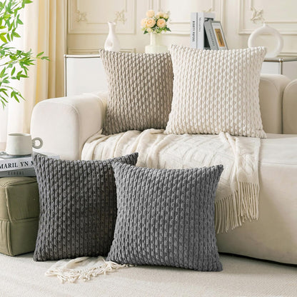 Set of 4 Neutral Decorative Throw Pillow Covers 18x18 Inch Corduroy Pillow Covers for Bed Couch Sofa Living Room Soft Square Cushion Cases