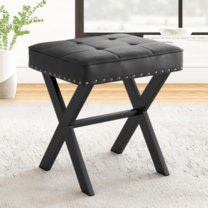 Vanity Stool, Square Linen Makeup Stool with Metal X Legs, Small Ottoman Stool Chair for Vanity, Modern Padded Vanity Seat Foot Rest Stool for Makeup Room, Living Room, Bathroom, Carbon Gray