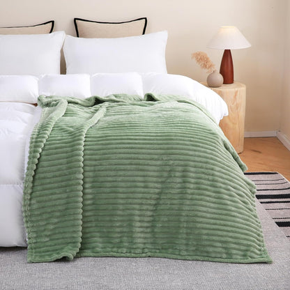 Sage Green Fleece Throw Blanket 50”×60” for Couch Sofa Bed,Super Soft Cozy Plush Microfiber Flannel Blanket with Stripes Design Lightweight for Adults,Woman,Girls