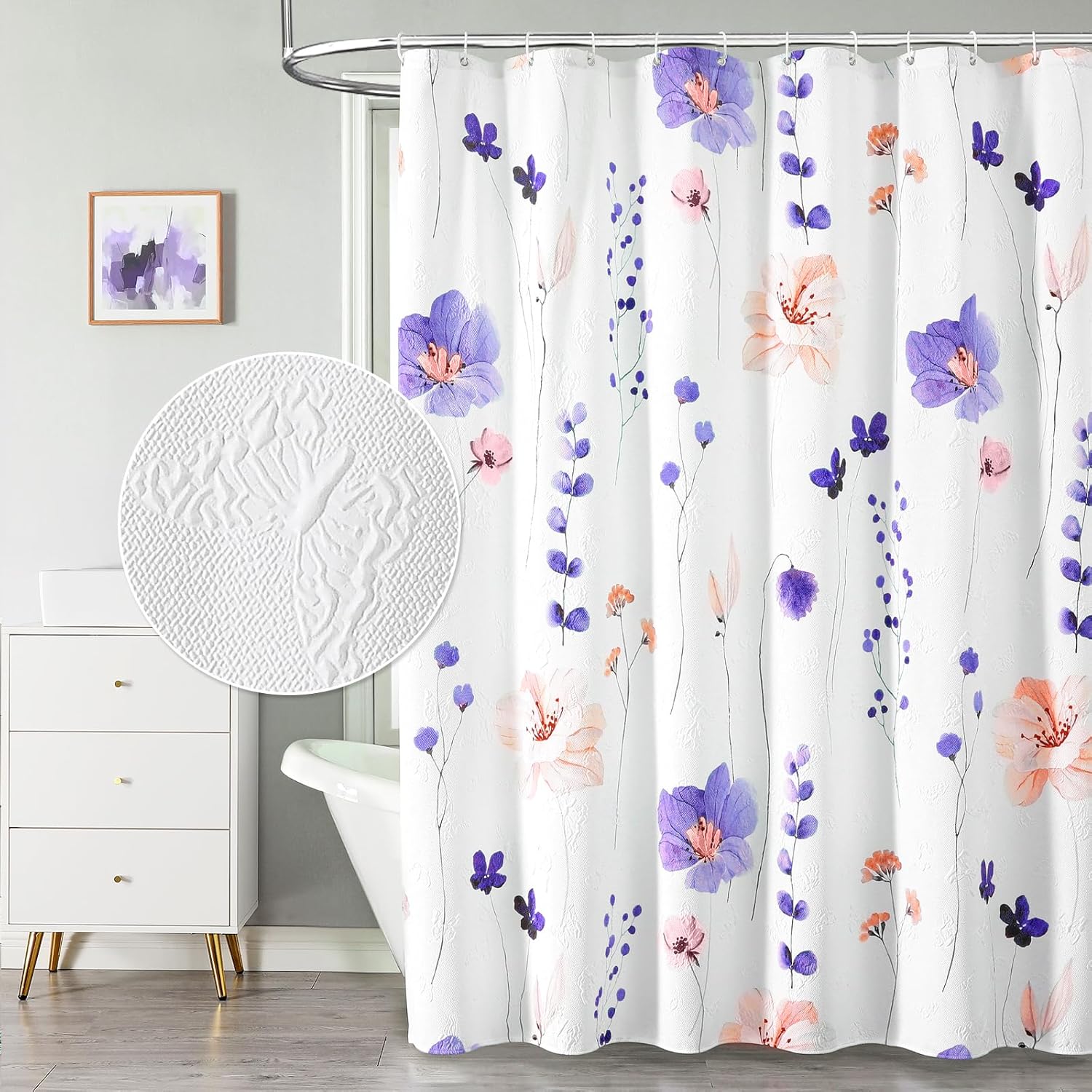 Watercolor Floral Shower Curtain, 3D Embossed Butterflies Grey Beige Flower Bathroom Curtains, Minimalist White Cloth Bath Curtain, Waterproof Fabric Textured Shower Curtain Set with Hooks, 72x72