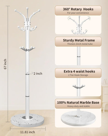 Metal Coat Rack with Natural Marble Base,360°Rotary Coat Rack Stand with 14 Hooks,Modern Freestanging Coat Racks,White Coat Jacket Hanger Clothes Tree Stand for Entryway,Corner