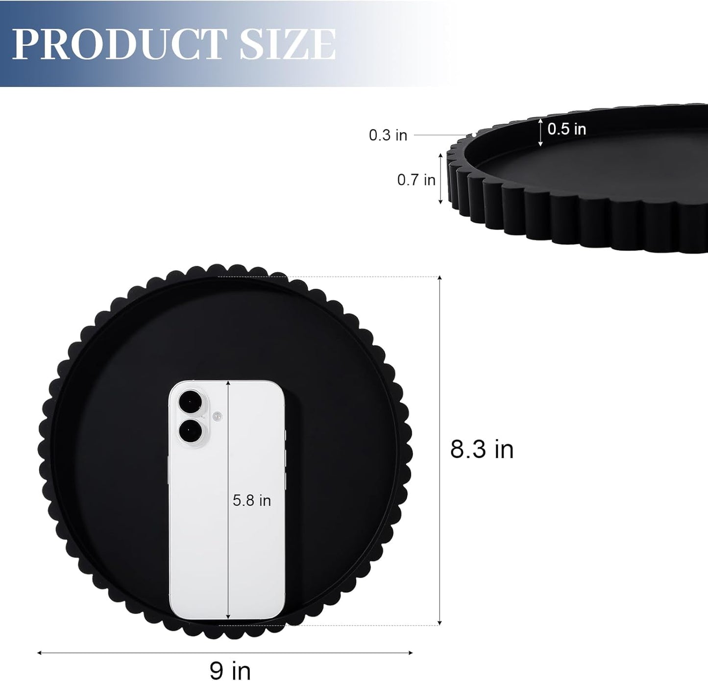 Round Bathroom Tray Silicone Kitchen Counter Decor Vanity Organizer Decorative Coffee Table Tray for Perfume, Candle, Soap Dish, 9 Inch, Black