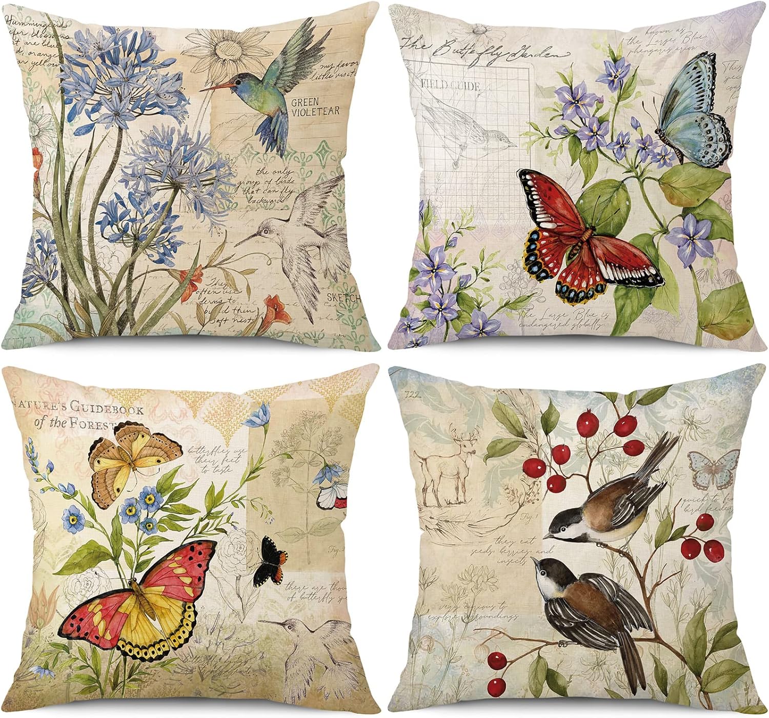 wyooxoo Throw Pillow Covers 18x18 Set of 4 Decorative Spring Pillow Covers Linen Flower Butterfly Farmhouse Pillowcases for Sofa Couch Living Room Outdoor