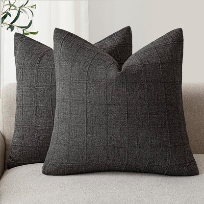 Foindtower Set of 2 Decorative Linen Check Throw Pillow Covers Neutral Farmhouse Vintage Cushion Covers Modern Boho Home Decor for Sofa Chair Couch Bedroom Living Room,18×18 Inch,Natural Beige