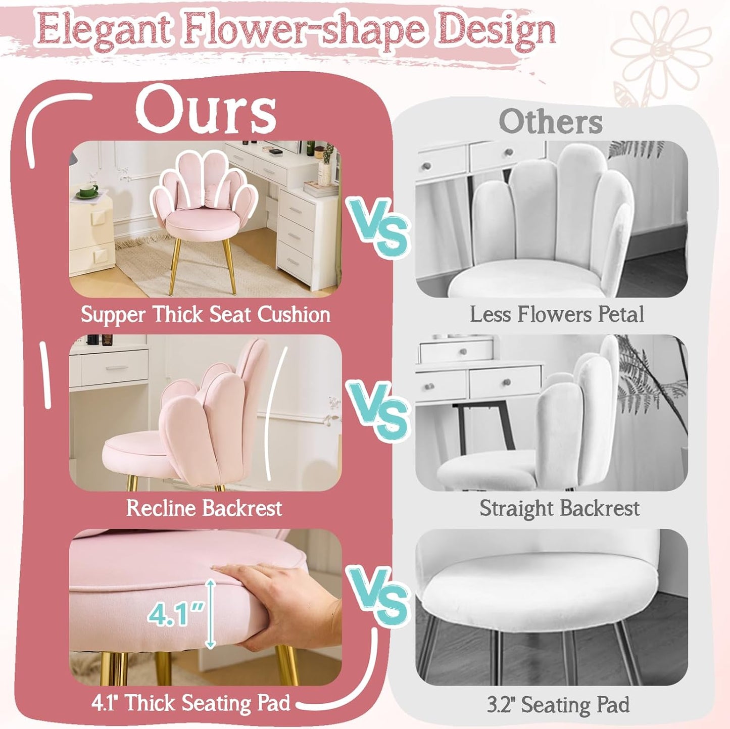 Makeup Vanity Chair with Back,Flower Cute Girls Desk Chair Comfy No Wheels,Modern Dining Chair,Small Accent Chair with Adustable Gold Legs&Bow Pillow for Home Office,Bedroom,Velvet,Pink