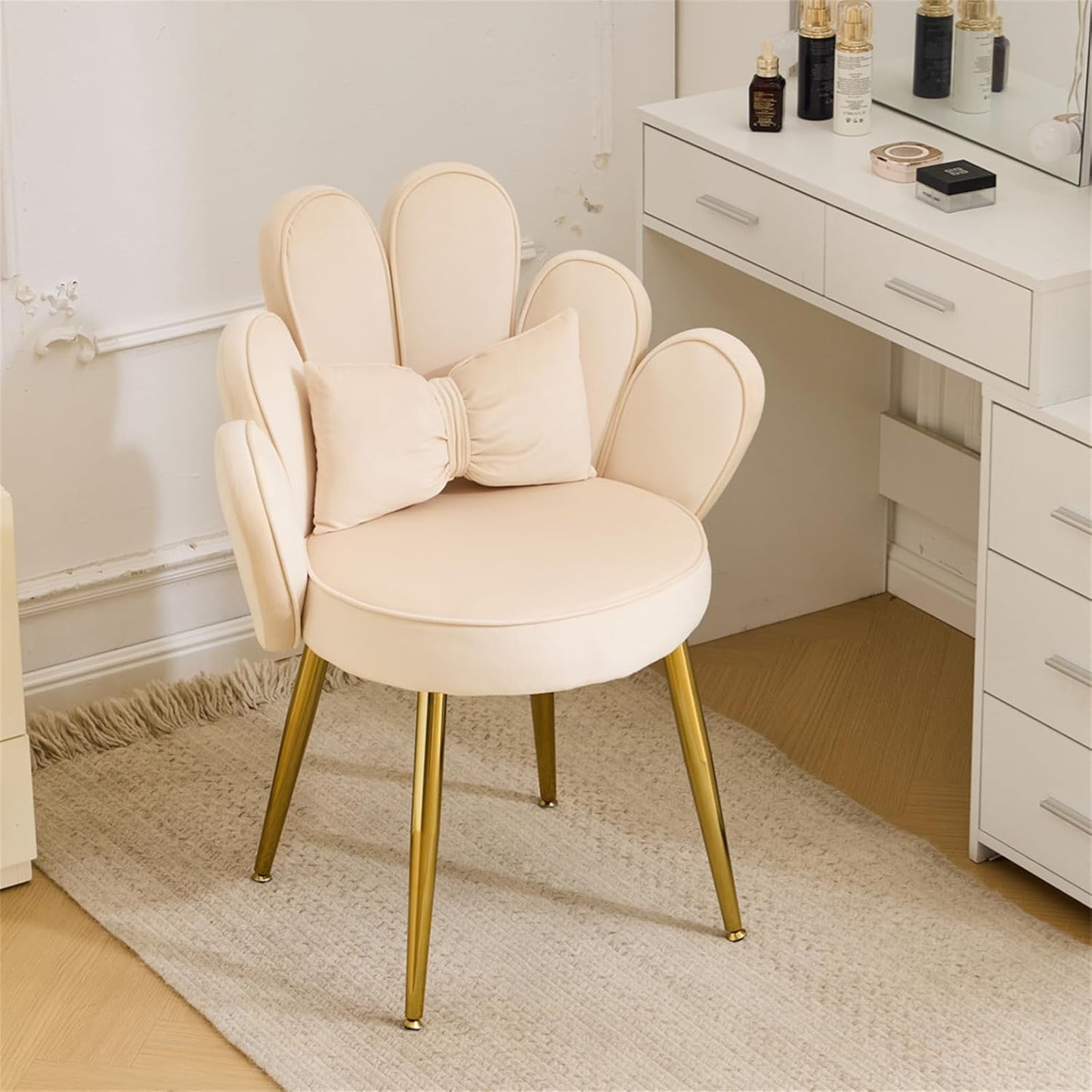 Makeup Vanity Chair with Back,Flower Cute Girls Desk Chair Comfy No Wheels,Modern Dining Chair,Small Accent Chair with Adustable Gold Legs&Bow Pillow for Home Office,Bedroom,Velvet,Pink