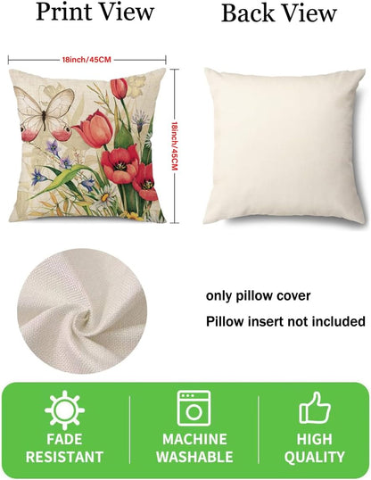 wyooxoo Throw Pillow Covers 18x18 Set of 4 Decorative Spring Pillow Covers Linen Flower Butterfly Farmhouse Pillowcases for Sofa Couch Living Room Outdoor
