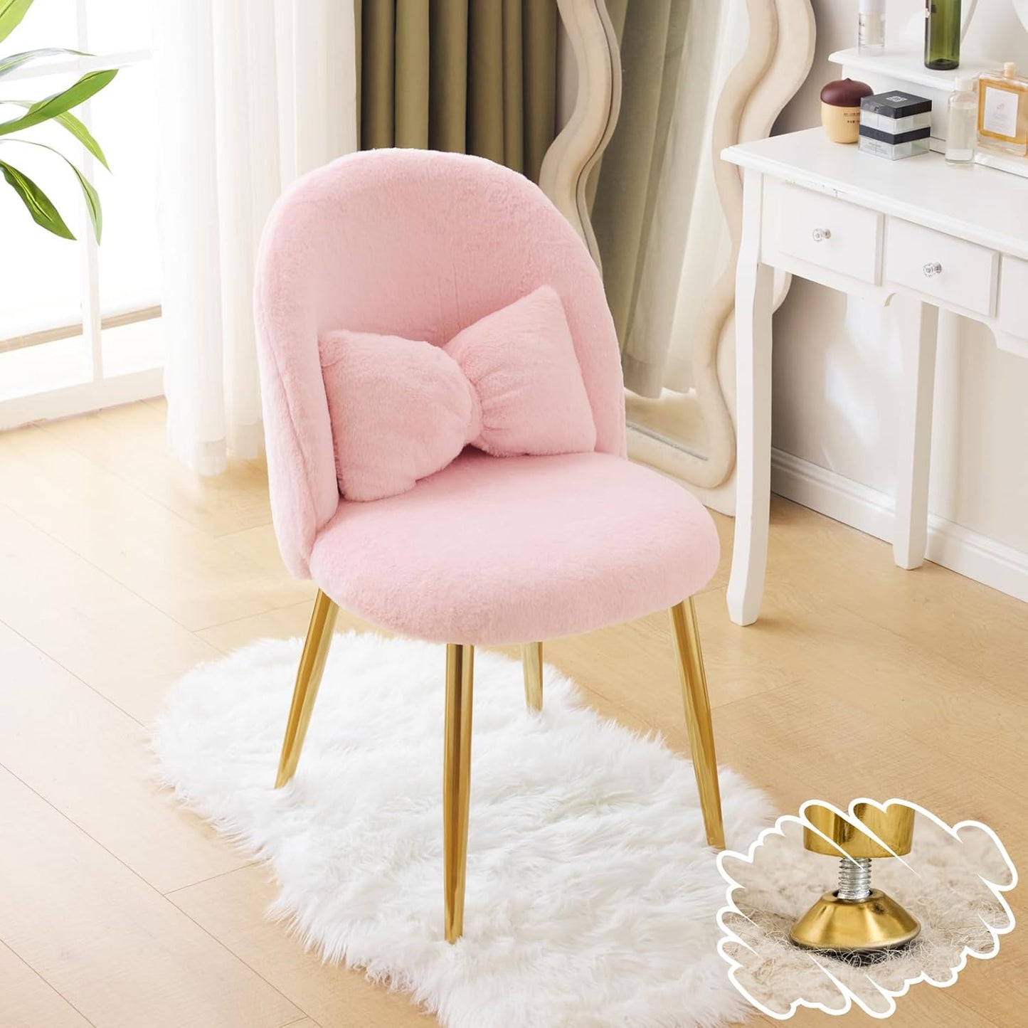 Makeup Vanity Chair with Back,Flower Cute Girls Desk Chair Comfy No Wheels,Modern Dining Chair,Small Accent Chair with Adustable Gold Legs&Bow Pillow for Home Office,Bedroom,Velvet,Pink