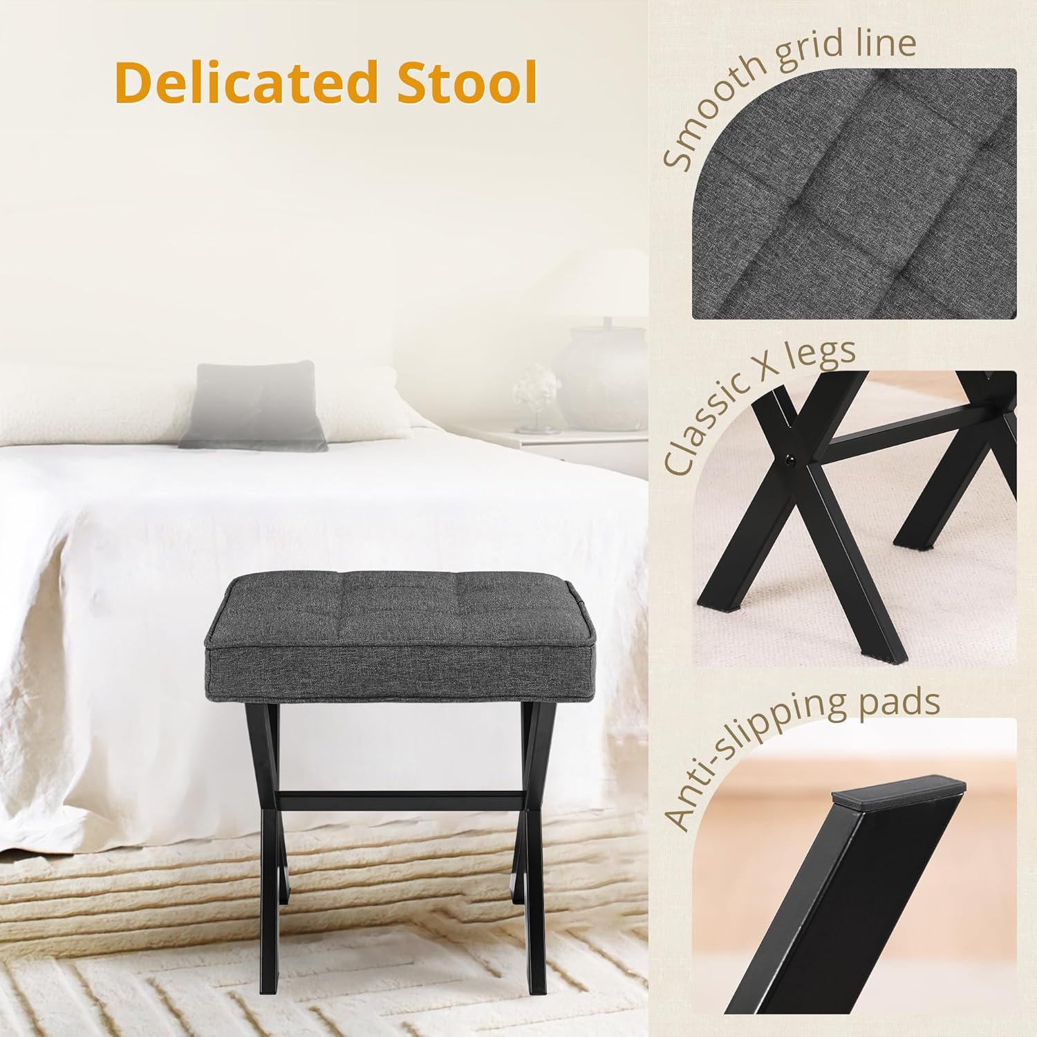 Vanity Stool, Square Linen Makeup Stool with Metal X Legs, Small Ottoman Stool Chair for Vanity, Modern Padded Vanity Seat Foot Rest Stool for Makeup Room, Living Room, Bathroom, Carbon Gray