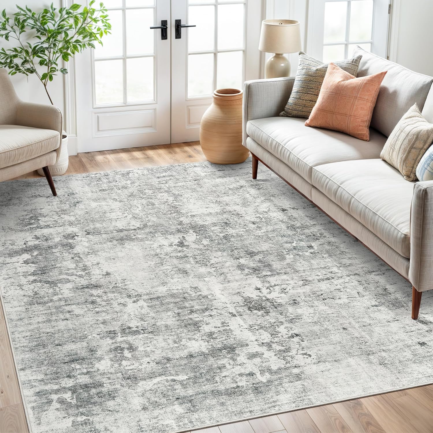 Soalmost Washable Area Rug 8x10, Large Soft Rugs for Living Room Vintage Beige Carpet 8x10 Area Rugs for Bedroom Dining Room Non-Slip Stain Resistant Under Table Rug